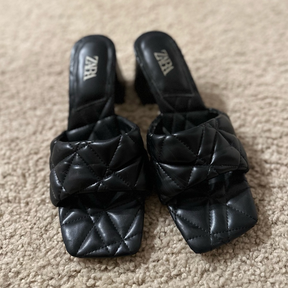 ZARA Black Padded Mule Squared Heel Size 7